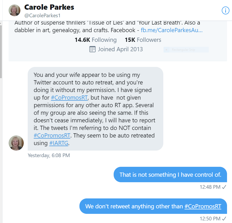 AuthorMichael57's tweet photo. My wife @MaryLSchmidt and I don't auto retweet anything under the #IARTG hashtag. @CaroleParkes1 you are wrong to this is happening as we aren't hackers. You are #libeling us. @StephenGeez please help. https://t.co/WLoJg6yIh7