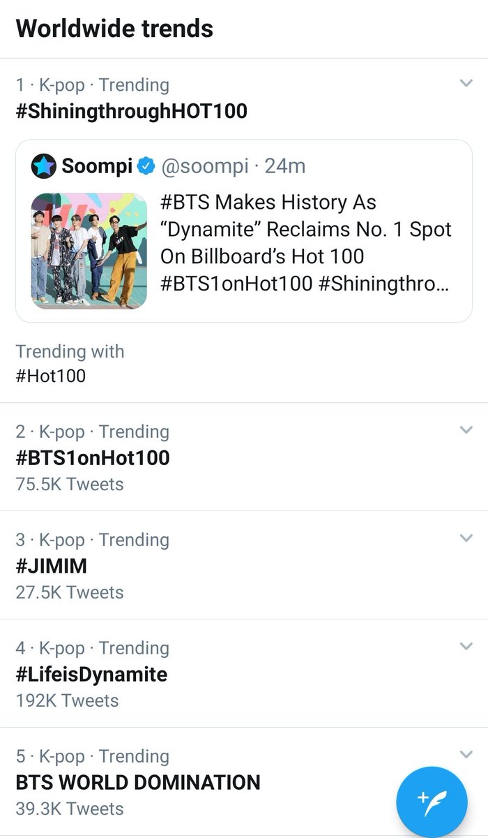 USBTSARMY's tweet photo. [📈Trending]

WORLDWIDE 🌍 
1. #ShiningthroughHot100 
2. #BTS1onHot100 
3. #JIMIM
4. #LifeIsDynamite 
5. BTS WORLD DOMINATION 
10. 1 AGAIN
13. Billboard
26. US ARMYs
27. WE DID IT AGAIN

#BTS_Dynamite
#BTS #방탄소년단 @BTS_twt 💜 https://t.co/GAS1TAk9nM