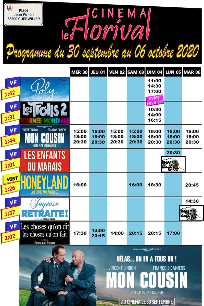 CinemaFlorival's tweet photo. #Programme du 30 septembre au 06 octobre 2020
Bonne Semaine Ciné ;) https://t.co/QZpgS9o25Y