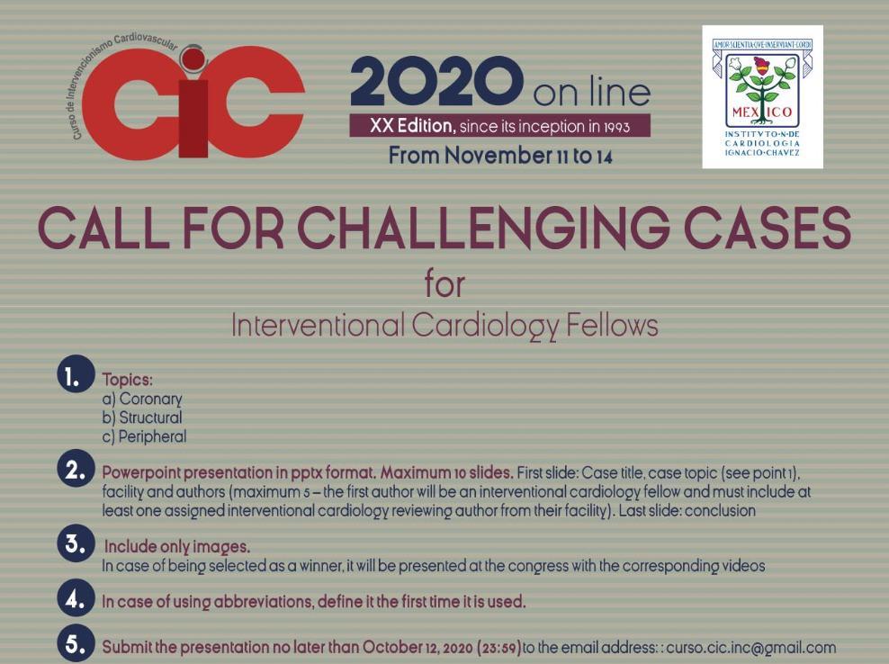 INC_CathLab's tweet photo. ๐จCall for Challenging Cases ๐จ
#CIC2020 #CICXX
Interventional Cardiology Fellows ๐๐๐ to submit coronary, structural or peripheral cases to be presented at #CICOnLine
Winners will be sponsored to go to @TCTMDl, @PCRonline, @SOLACI3 or @SCAI future conferences. https://t.co/syPATHAPOO