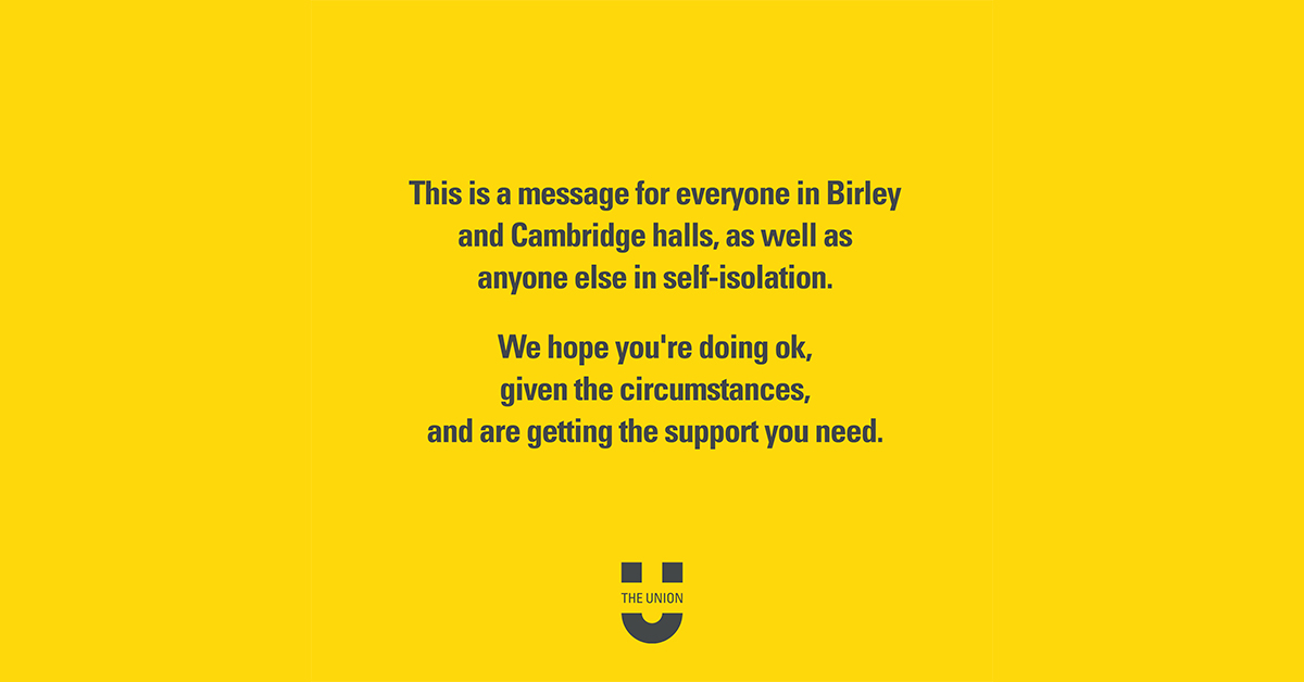 TheUnionMMU's tweet image. "This is a message for everyone in Birley and Cambridge halls, as well as anyone else in self-isolation. We hope you're doing ok, given the circumstances, and are getting the support you need."

Read the full statement here: bit.ly/a-message-for-…