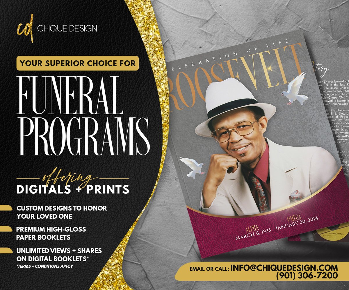 ChiqueDesign1's tweet photo. In need of a #funeralprogram to honor your loved one? Chique Design is your superior choice! https://t.co/EhYkHQac9N
