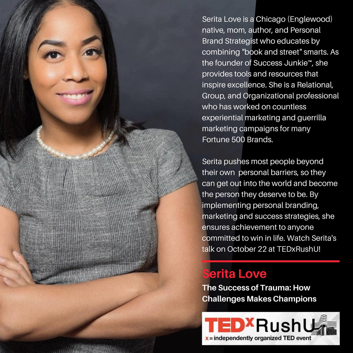 TEDxRushU's tweet photo. Register today to hear Serita’s talk at our virtual TEDxRushU event on October 22! #SuccessJunkie #SeritaLove #ExperientialMarketing #PersonalBranding
#GuerrilaMarketing

https://t.co/rDC0bpsntG https://t.co/JwXkuk9qyz