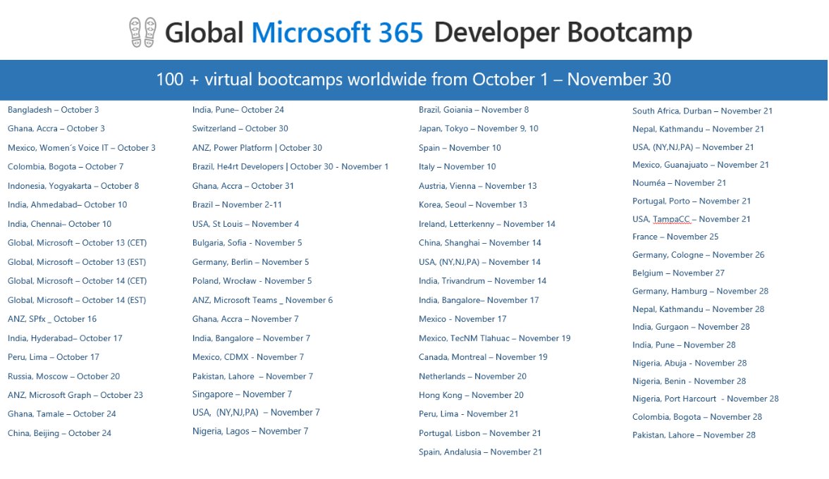 Microsoft365Dev's tweet image. More cities added! Global Microsoft 365 Developer Bootcamps start this weekend. Running from October 1 - November 30. Register today! msft.it/6013TviGH #MicrosoftTeams #MicrosoftGraph #SharePoint