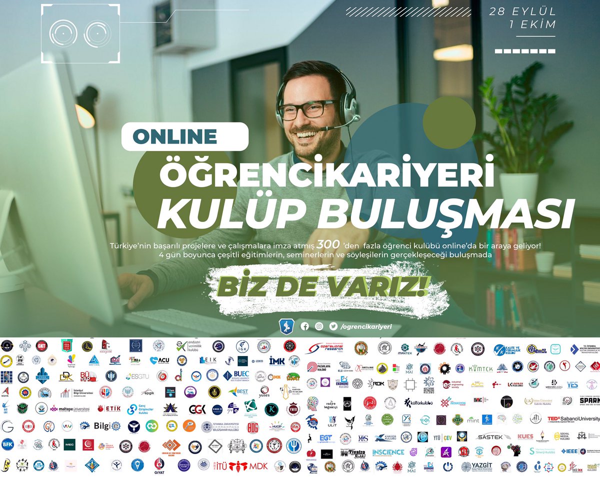 Öğrenci Kariyeri Online Kulüp Eğitimlerinde biz de varız! Türkiye’nin başarılı projelere ve çalışmalara imza atmış 300 ’den fazla öğrenci kulübü online’da bir araya geliyor! 4 gün boyunca çeşitli eğitimler, seminerler ve söyleşilerle bir arada olacağız. @ogrencikariyeri https://t.co/fvvaSTutDU