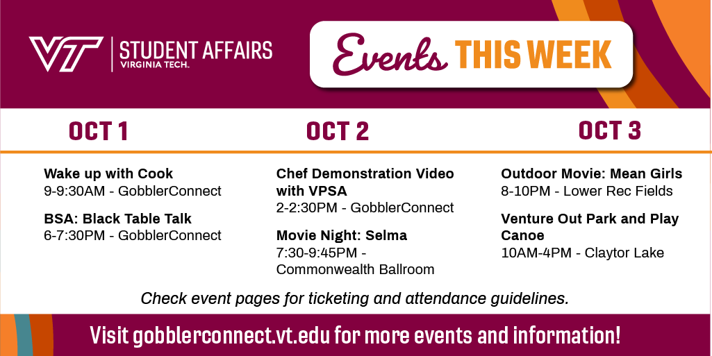VTCampusLife's tweet photo. Events you don't want to miss this week - as always, you can find more events and information at https://t.co/cZONJjDOeT.  ✌️ https://t.co/lPqtGva02v