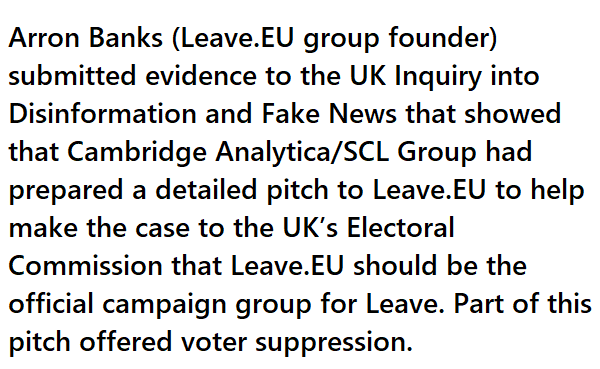 Worth remembering that Cambridge Analytica's pitch to Leave campaigners included the offer of voter suppression techniques. AIQ, the Canadian company used by Dominic Cummings to target disinformation on UK voters, was closely connected to CA. #C4news https://committees.parliament.uk/writtenevidence/352/html/