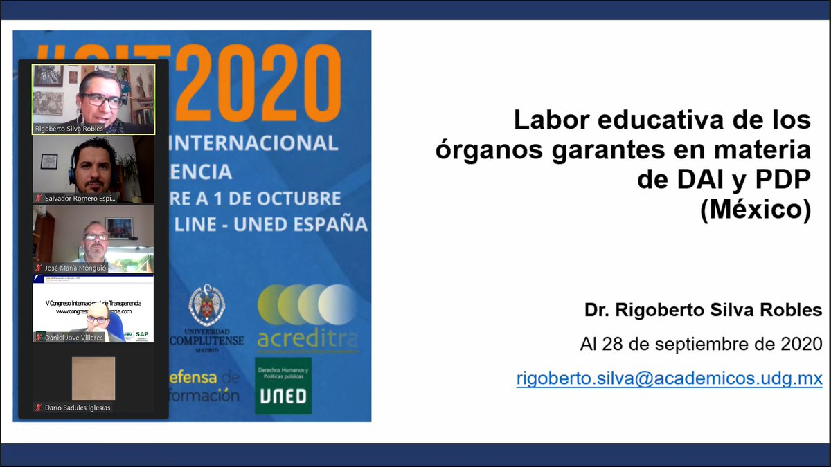 chavaromero's tweet photo. Concluye la interesante exposición de mi estimado @SRRIGOBERTO, sobre la Labor Educativa de los Órganos Garantes de Transparencia en México, abordando parte de los problemas más importantes y retos que tenemos los 32 órganos estatales como el @ITEIJal y el @INAImexico #CIT2020 https://t.co/mAsy7aYa44