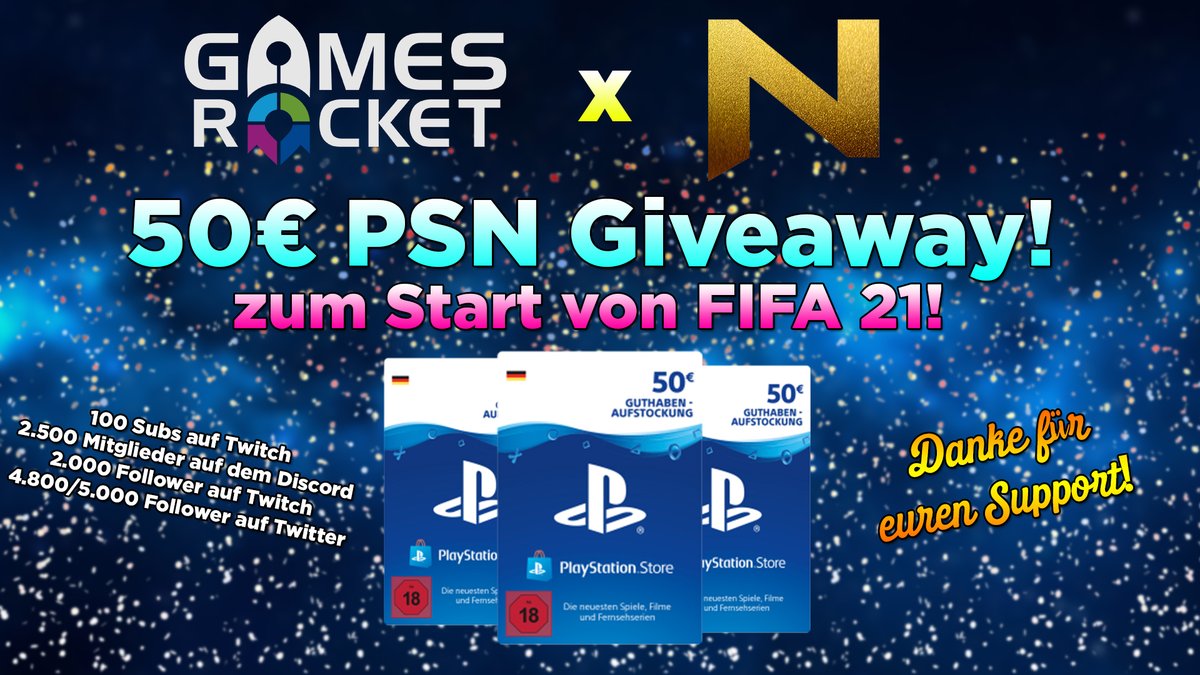 💰 #FIFA21 50€ PSN Giveaway💰

<a href="/Gamesrocket/">Gamesrocket</a> x @FUT_NoTime 

Als Dank für euren unermüdlichen Support darf ich erneut ein Giveaway für euch raushauen!😍

1. <a href="/Gamesrocket/">Gamesrocket</a> &amp; @FUT_NoTime folgen ✅
2. Retweet✅
3. 2 Twitter-Kollegen markieren ✅

Viel Glück! 🍀

Auslosung am 06.10.20