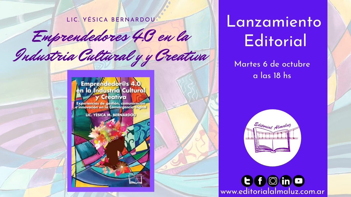 EDITALMALUZ's tweet photo. Ya estamos compartiendo la agenda de octubre y se vienen nuevos lanzamientos, el martes 6 de octubre a las 18 @YesicaBernardou presenta Emprendedores 4.0 en las Industrias Culturales y Creativas
¡Pedí tu código y sumate a la sala virtual
#editorialalmaluz #EditorialMultimedia https://t.co/sYrCImrQkE