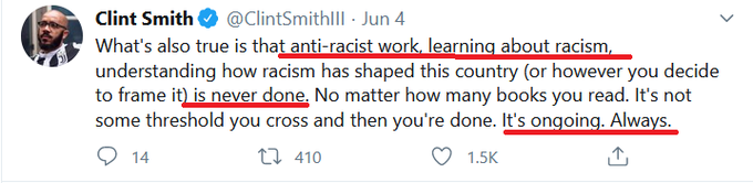 5/CRT teaches that Racism is permanent. Period.No matter what you do there will always be some racism somewhere. No matter how much you read, or how hard you work, or how educated you become, you're never done. You must do "the work" of CRT every day until you die.