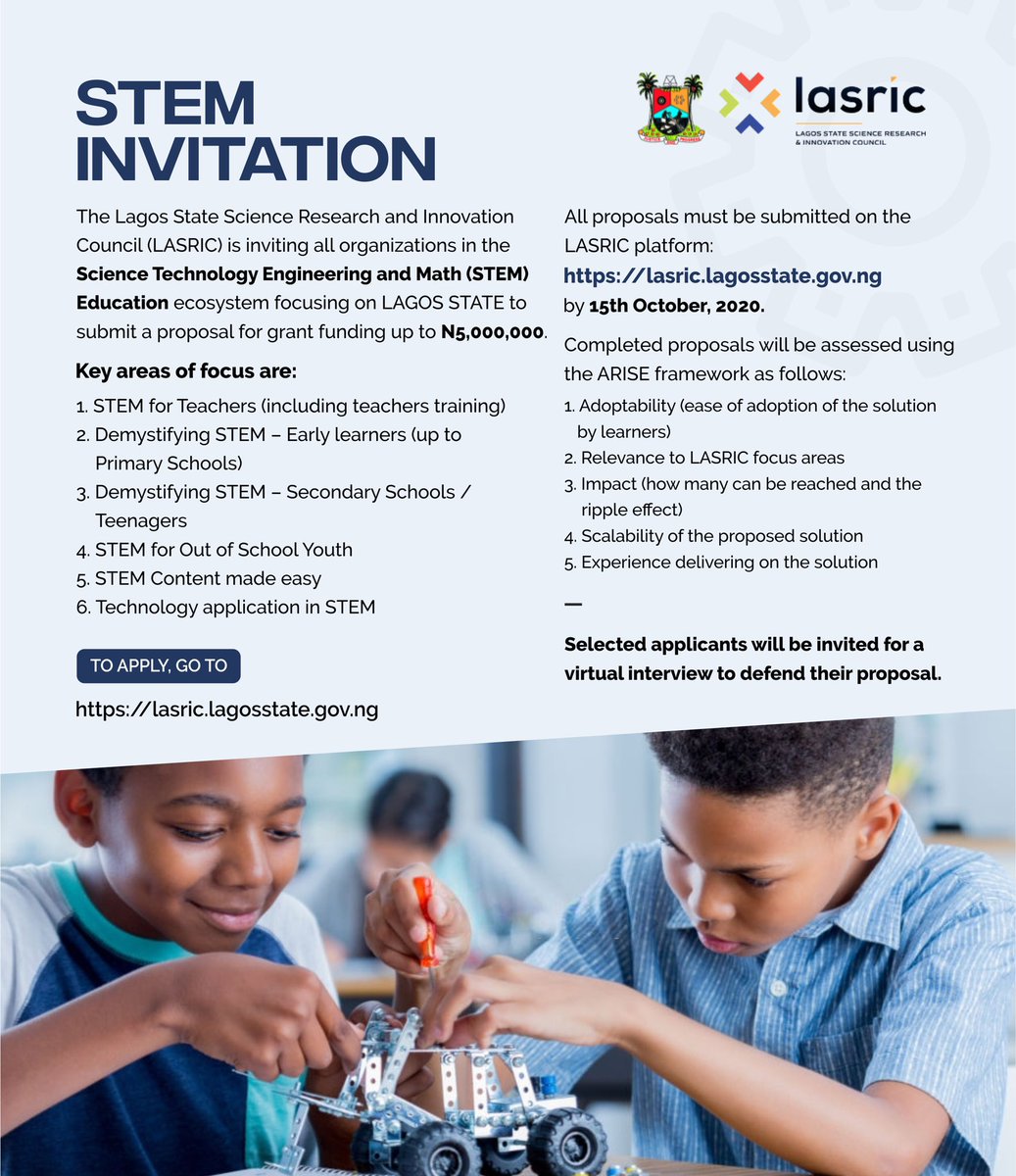 STEM Educators! Have innovative STEM intervention programs, inventions or techniques? Apply for the chance to help scale your solution ... lasric.lagosstate.gov.ng/callup