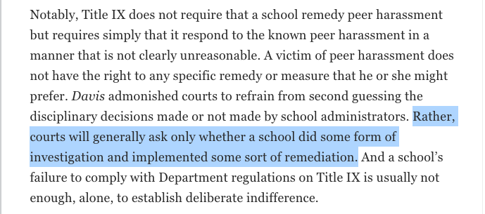 Here's a great explainer on the Deliberate indifference standard if you want to learn more:  https://www.jdsupra.com/legalnews/why-your-next-ocr-title-ix-complaint-10560/