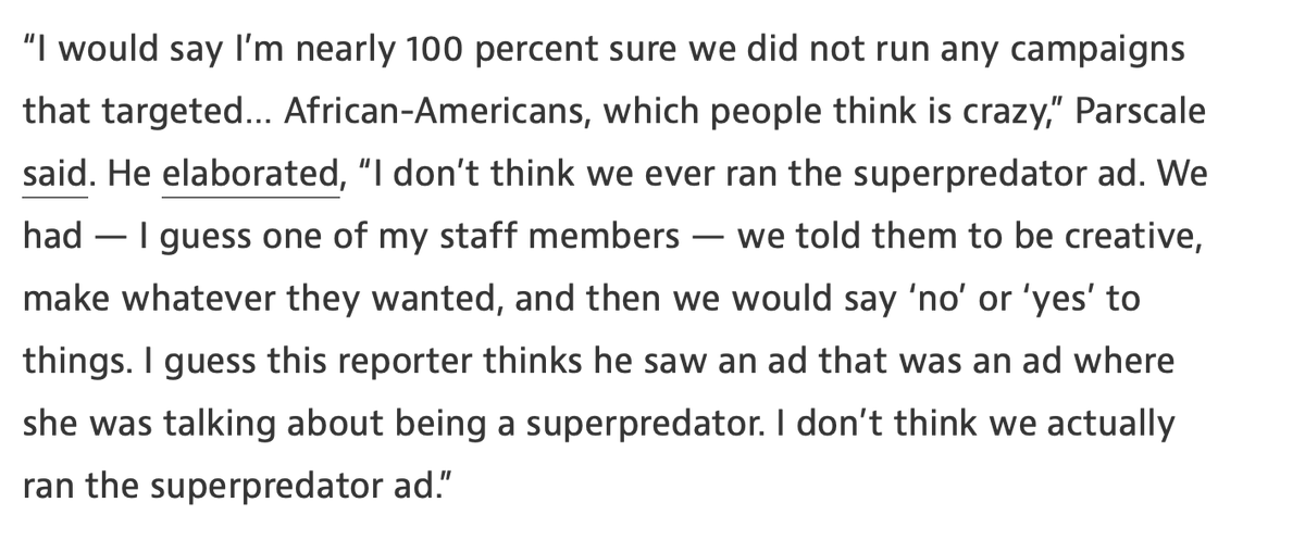 Here is Parscale saying he’s nearly 100% sure they “did not run any campaigns that targeted… African-Americans."