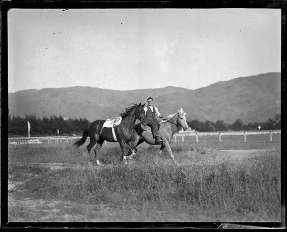 A rare photo of Phar Lap being exercised by Tom Woodcock at Hugh Telford's farm