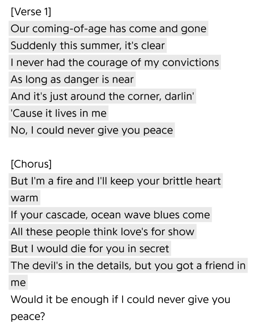 peaceThe final song combines every feeling shared in the previous tracks, with Taylor finally accepting her circumstances, but this time knowing that it would (will) be enough if she isn’t able to give Joe a “normal” life.