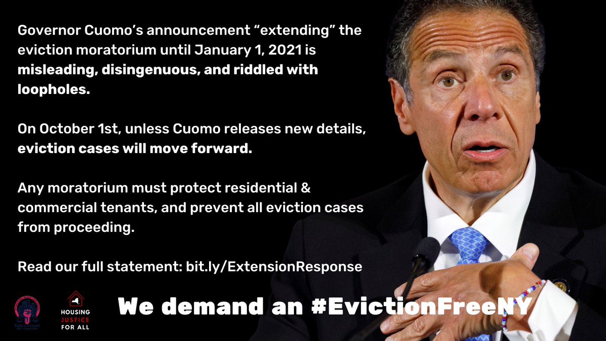The NYS Tenant Bloc (@tenantbloc) on Twitter photo .<a href="/NYGovCuomo/">Archive: Governor Andrew Cuomo</a>âs âextensionâ of the eviction moratorium is misleading and disingenuous.
Read <a href="/RTCNYC/">Right to Counsel NYC Coalition #EvictionFreeNY</a> and @housing4allNYâs joint response at bit.ly/ExtensionRespo⊠.<a href="/NYGovCuomo/">Archive: Governor Andrew Cuomo</a>âs âextensionâ of the eviction moratorium is misleading and disingenuous.
Read <a href="/RTCNYC/">Right to Counsel NYC Coalition #EvictionFreeNY</a> and @housing4allNYâs joint response at bit.ly/ExtensionRespoâŠ