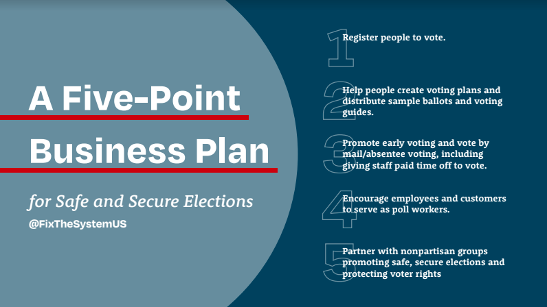 CSPC_DC's tweet image. With less than 36 days until the 2020 election, it&apos;s time for businesses to support fair, safe, and secure elections across the United States! Here are five concrete ways business leaders can help protect our democracy. For more, visit @FixTheSystemUS at: fixthesystem.org/business-for-e…