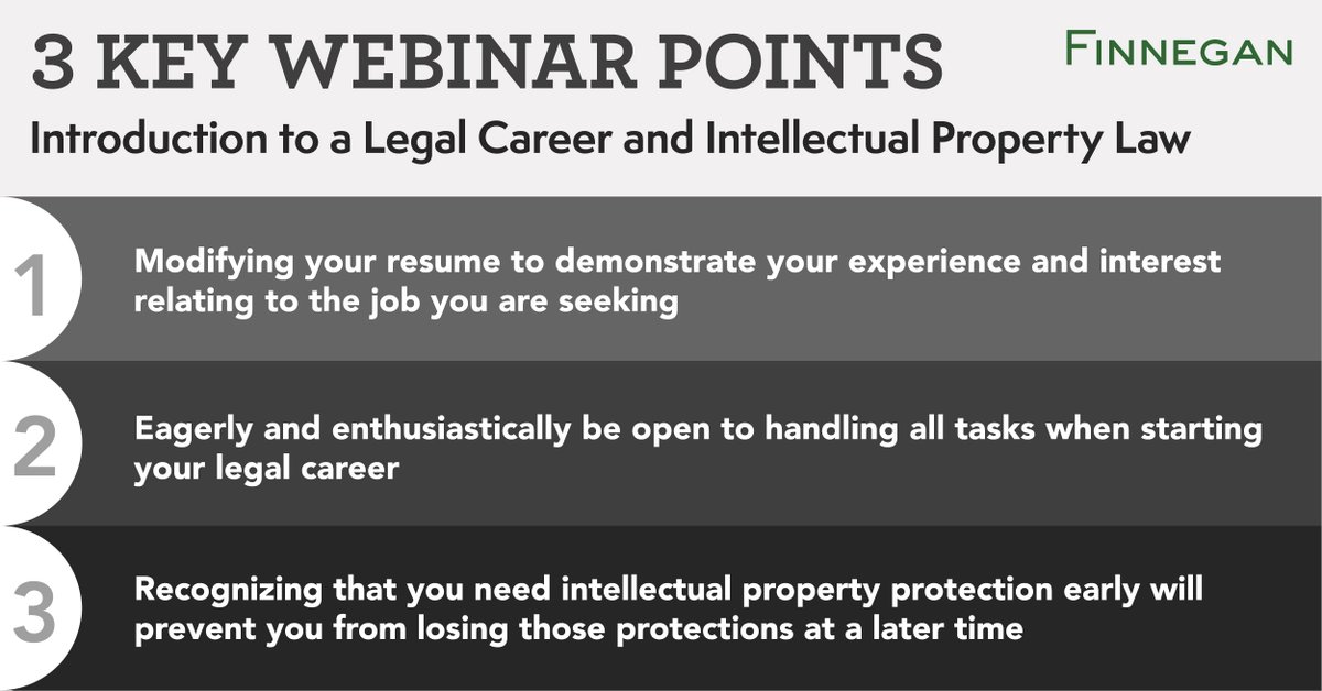 FinneganIPLaw's tweet image. Anthony Del Monaco, Chris Foley and Mark Sweet discuss successful resume tactics and skills needed to succeed in the #legal field, and recognizing the advantages of #IntellectualProperty and #innovation protection. bit.ly/3kZeNJ1 #IP #IPLaw #LegalCareer #CareerTips