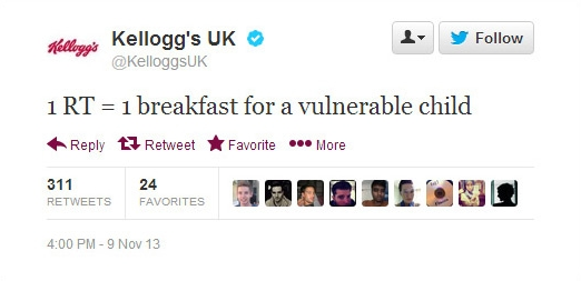 SabrinaRose_B's tweet photo. @CopywriterBob 1) Kellogg's Retweet for a Meal campaign had good intentions, but was carried out very poorly. Kellogg's tweeted the message below. This lacked authenticity &amp; made their own popularity seem more important than their concern for hungry children. #UToledoMarketing #ICMKTG https://t.co/5ouWfhE3Vn