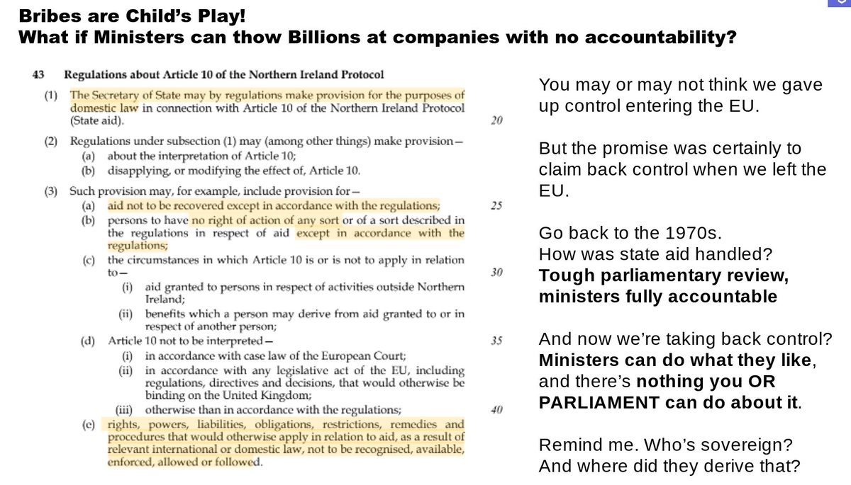 That's odd, what's a huge expansion of ministerial power doing in a bill meant to deal with a Northern Ireland problem?Good thought. What else is there?42 and 43 What about a massive transfer of sovereignty from the people to the Government cutting out Parliament?State Aid