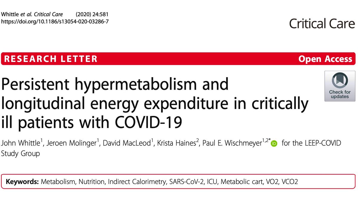 Paul Wischmeyer MD (@paul_wischmeyer) on Twitter photo Please Retweet-Online Today!
Free Download! ⬇️
“Persistent hypermetabolism & longitudinal energy expenditure in critically ill patients with COVID-19” <a href="/Crit_Care/">Critical Care</a>
#COVID19 #ICU #Nutrition #ICUNutrition #FOAMcc #MedEd #dietitian #MedTwitter
ccforum.biomedcentral.com/articles/10.11… Please Retweet-Online Today!
Free Download! ⬇️
“Persistent hypermetabolism & longitudinal energy expenditure in critically ill patients with COVID-19” <a href="/Crit_Care/">Critical Care</a>
#COVID19 #ICU #Nutrition #ICUNutrition #FOAMcc #MedEd #dietitian #MedTwitter
ccforum.biomedcentral.com/articles/10.11…