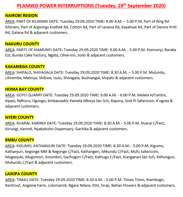 KenyaPower_Care's tweet photo. Hello, these areas will be affected by scheduled power interruptions tomorrow: ^BT https://t.co/jgOw7dPYbL