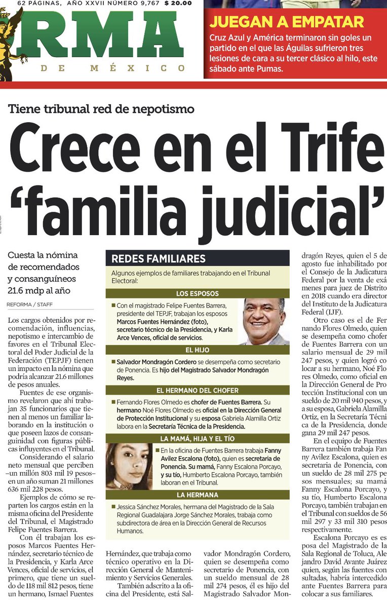 HojasPoliticas's tweet photo. Diario Reforma está presionando al Trife para que autorice el registro de México Libre, el partido de Felipe Calderón; ya empezó con lo que todos sabemos en este país “que el Poder Judicial está podrido” como lo ha definido el presidente ⁦@lopezobrador_⁩ https://t.co/Lov6OM4171