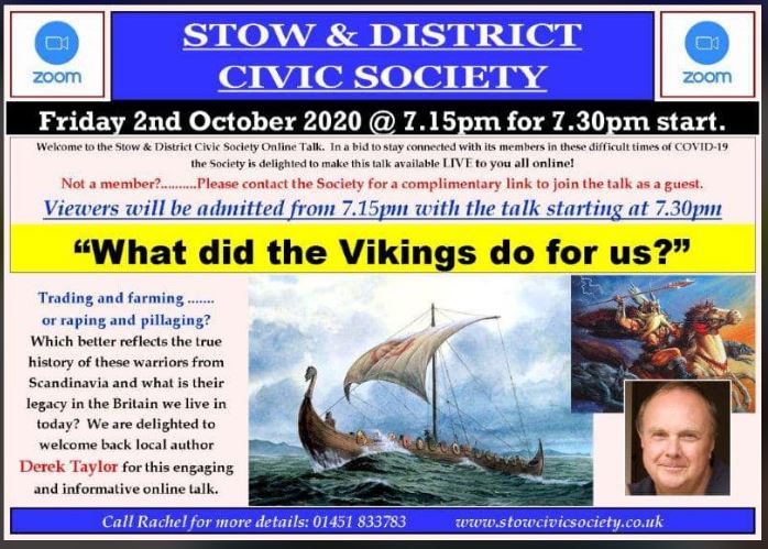 Another great Zoom lecture from Stow Civic Society Friday 2nd October 2020
#Zoom #Stowonthewold #Vikings
#DerekTaylor <a href="/DerekTaylorBook/">Derek Taylor</a> #StowCivicSociety