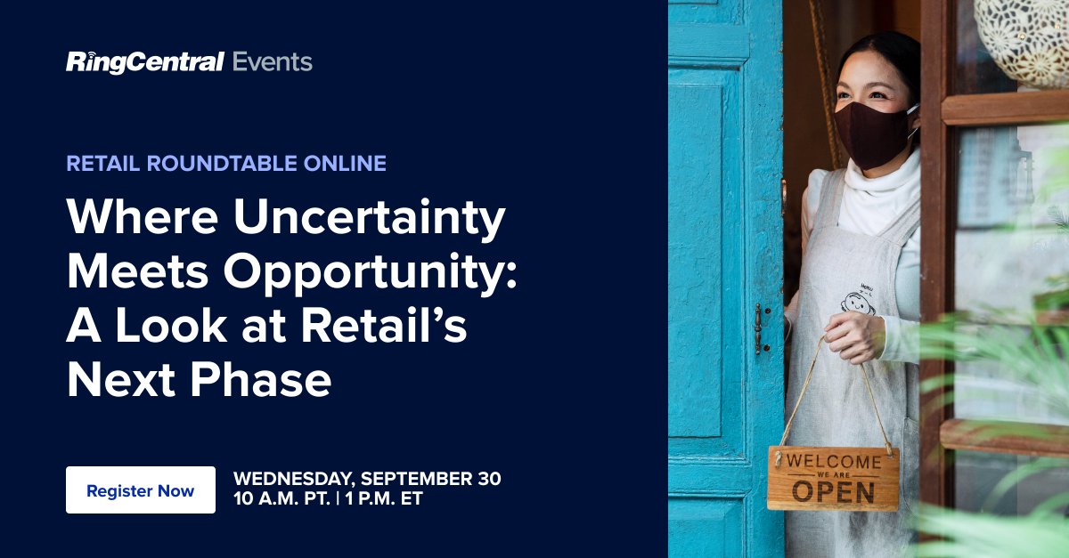 RingCentral's tweet photo. Storefront restrictions. Stalled supply chains. Dispersed workforces. An unpredictable economy. Retailers today face some serious challenges. Join this #RCRoundtable to hear inspiring #retail #successstories during the pandemic, and much more: https://t.co/NVLtXLgJUt https://t.co/MZQ1EgWQhz