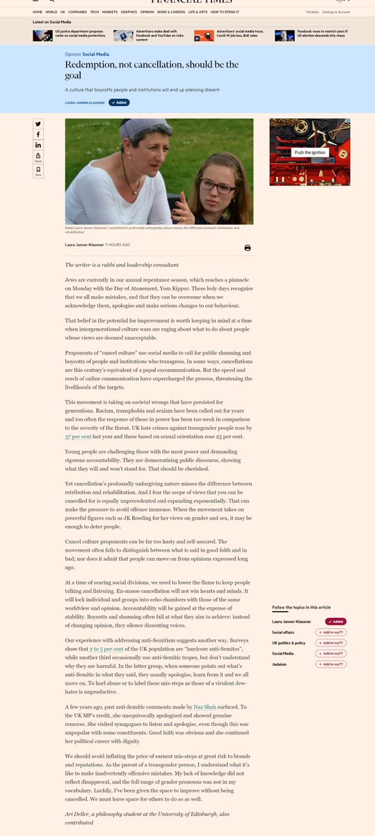 LauraJanklaus's tweet photo. Redemption, not cancellation, should be the goal. Our opinion piece on 
#CancelCulture in @FinancialTimes https://t.co/kwEIaXWoVV (whole article attached) with ⁦@a_deller1⁩ ⁦@EdinburghJSoc⁩ ⁦@EdinburghUni⁩ https://t.co/FKbXtHhSyc