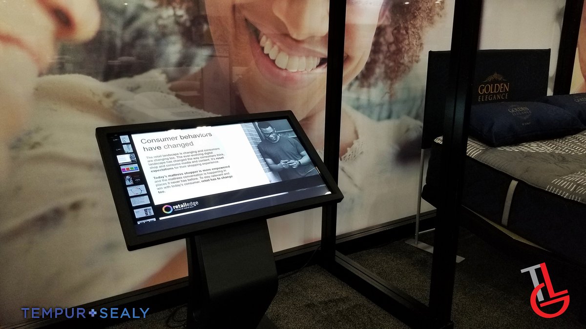 lowertowngroup's tweet photo. Just missing being at the trade shows. This kiosk is from a Tempur Sealy booth in Houston from just before Covid in February. #touchscreenkiosk #experientialmarketing #tradeshow #digitalsignage https://t.co/GQk9ALMtUD