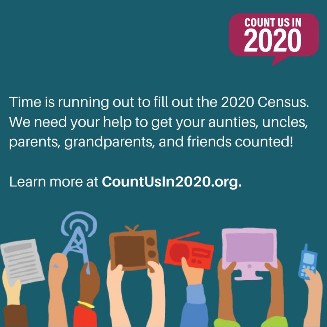 The deadline to fill out the #2020Census is fast approaching - Sept. 30! Tell your aunties, uncles, parents, grandparents, and friends to get counted at my2020census.gov. #AAPI2020 

#CountOnCHCs #CountUsIn

cc: <a href="/NCAPAtweets/">National Council of Asian Pacific Americans</a>