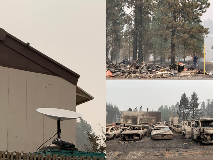 Three picture in a collage. A Starlink satellite dish in front of a building. Charred out remains of cars. And a picture of trees and rubble from wildfires with a person in front of them. 