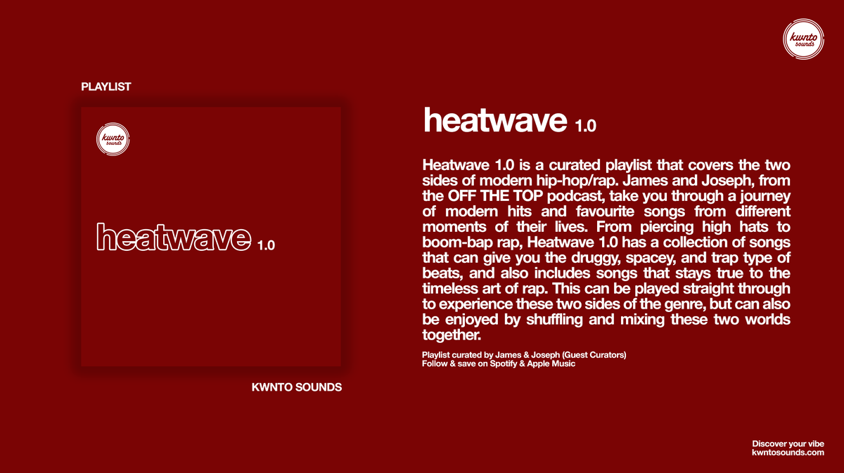 kwntosounds's tweet photo. New #playlist: Heatwave 1.0 - Delivering druggy, spacey, and trap type of beats, while staying true to the timeless art of rap. Curated by James &amp; Joseph (guest curators). Listen now on #Spotify and #AppleMusic: https://t.co/O251udb3tK #playlistcurator #musiccurator #hiphop #rap https://t.co/utAYXu8Pko