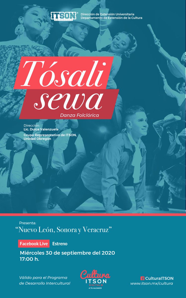 💃Presentación virtual del Grupo Tósali Sewa🕺
Día: Miércoles 30 de septiembre
Hora: 5pm
Transmisión en: facebook.com/cultura.itson/
✅Estudiantes ITSON: Evento válido para sus horas Interculturales