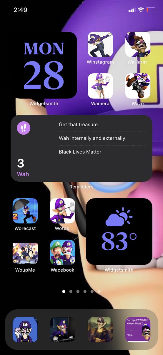 EvanNasteff's tweet photo. Staying organized and absolutely chaotic simultaneously with my #waluigi iPhone Home Screen layout. Stay Wah.

#iOS14th #iphone #homescreen #WAAAAAAAAH https://t.co/oPupjpIRCd