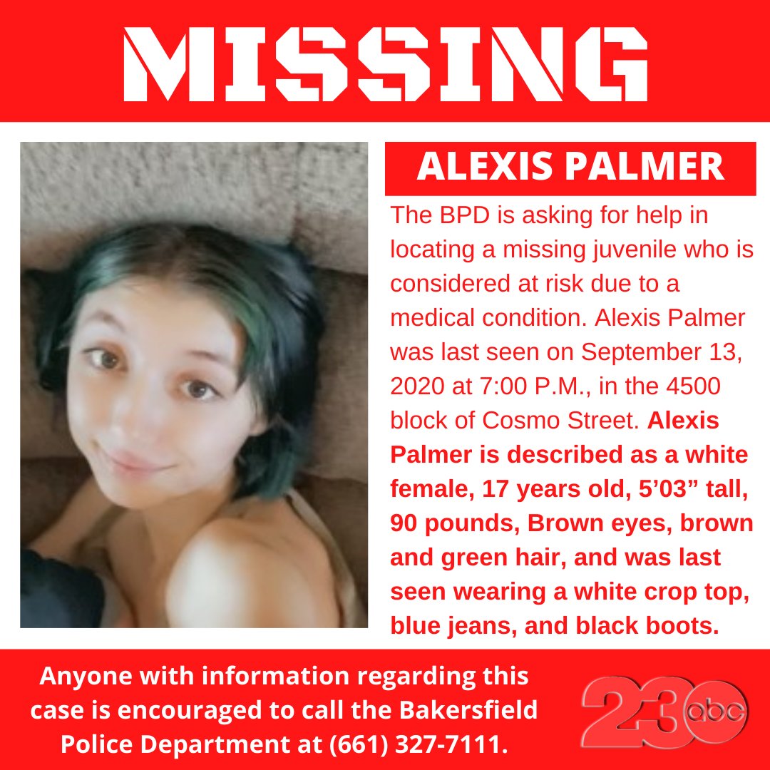 IT ONLY TAKES A SECOND TO SHARE: The BPD is asking for help in locating a missing juvenile who is considered at risk due to a medical condition. Alexis Palmer was last seen on September 13TH at 7 P.M., in the 4500 block of Cosmo Street.