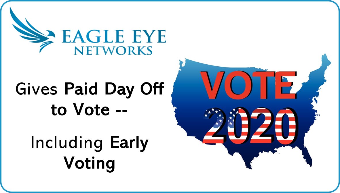 Eagle Eye Networks is giving our US employees a paid day off to vote in the presidential election; it can be taken anytime during their state’s in-person voting window. I hope others will join -- as a community we make it safer to vote by distribution our election day crowd size.