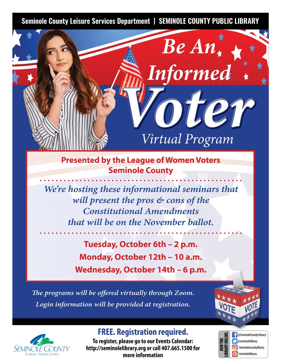 SeminoleLibrary's tweet image. Be an Informed Voter -  Sign up here: bit.ly/2GleA4c
