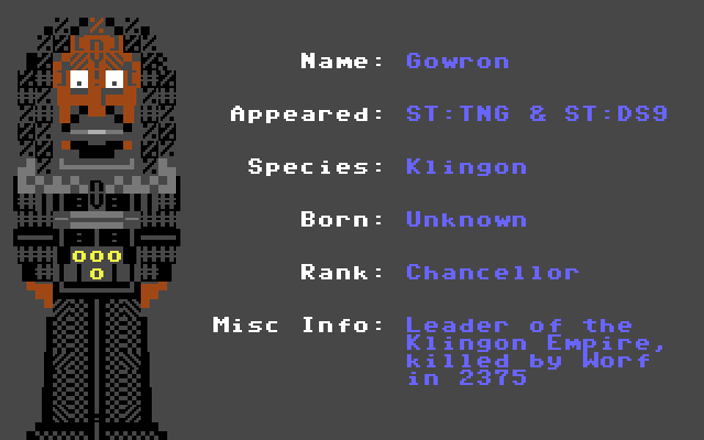 Gowron (ST: TNG &amp; DS9) #StarTrek #C64 #Commodore64 #PETSCII #PixelArt #C64Retweets #WeAreStarfleet #DS9 #TNG <a href="/StarTrek/">Star Trek</a> <a href="/TrekCore/">TrekCore.com 🖖</a> <a href="/trekreport/">Trek Report</a> <a href="/EverythingC64/">Everything C64</a> #RobertOReilly