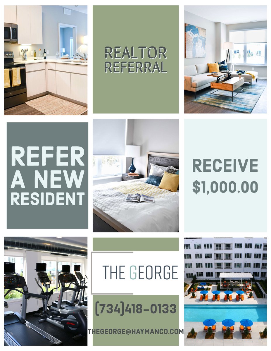 Realtor Referral!
If you Refer a New Resident you will Receive $1,000.00!
We have amazing Apartment Homes & Amazing Amenities!
#realtors #realtorreferral #newresident #community #newhome #thegeorgeannarbor #annarbor