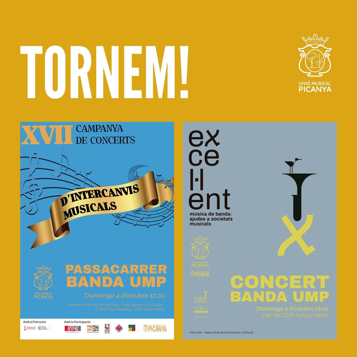 Tornem! I vos convidem a tots al concert que oferirà la Banda de la <a href="/umusicalpicanya/">Unió Musical Picanya</a> el proper diumenge 4 d'octubre a les 18:00 al pati del CEIP Ausiàs March, fins on arribarem fent un passacarrer. Animeu-se! 🎶🎵🎊

#BandaUMP #UnióMusicalPicanya #CulturaSegura #Picanya #FSMCV