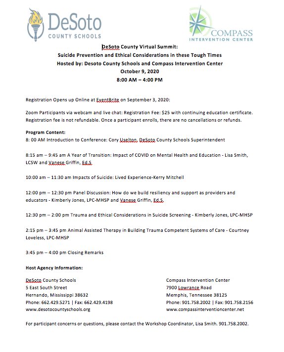 DCSMentalHealth's tweet photo. Suicide Prevention and Ethical Considerations in these Tough Times hosted by #TeamDCS and Compass Intervention Center Virtual Summit on October 9th! Sign up now and join us! #schoolcounselorsconnect https://t.co/HdhZ6Jiy6W