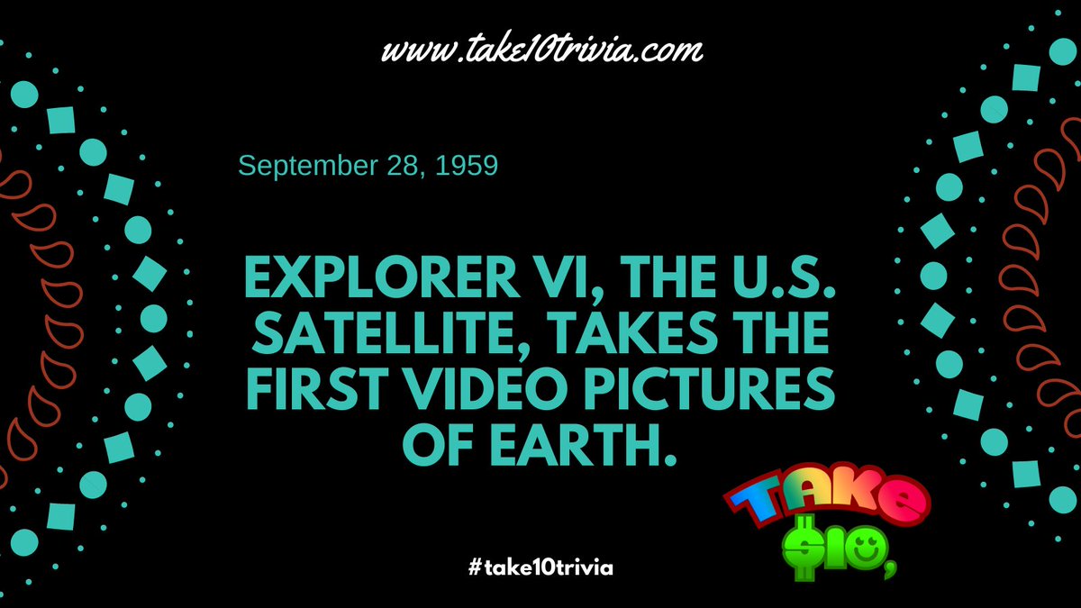 Take10Trivia's tweet image. September 28, 1959
Explorer VI, the U.S. satellite, takes the first video pictures of earth.

#USsatellite #Explorer #first #video #pictures #earth #news #take10trivia #didyouknow #history #satellite #space #image #rocket #today #world #us #people #thankyou #unitedstates #usa