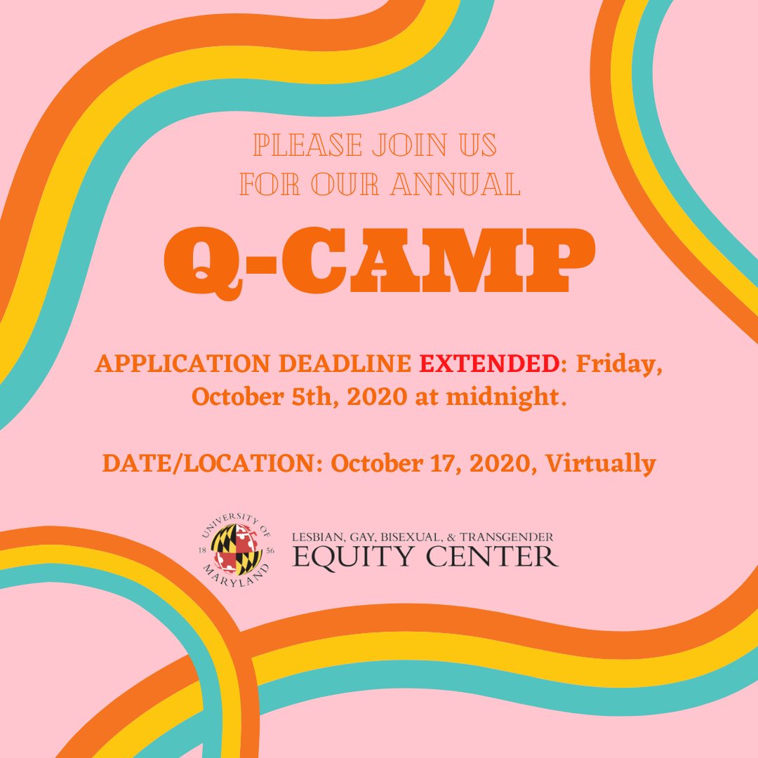 Q Camp is a program of the LGBT Equity Center. All UMD undergrad students who are or want to be involved with LGBTQ+ communities on campus are welcome to apply! Please apply by October 5th, 2020. Apply at: docs.google.com/forms/d/e/1FAI… #campuslife #umdterps