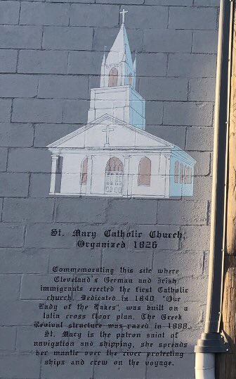 This site is where German & Irish immigrants built St. Mary’s - CLE’s 1st Catholic church. Located along the Cuyahoga River & with the city’s maritime history, St. Mary was aptly chosen since she is the patron saint of navigation & shipping.The church was razed in 1888. (2/5) – bei  The Flats