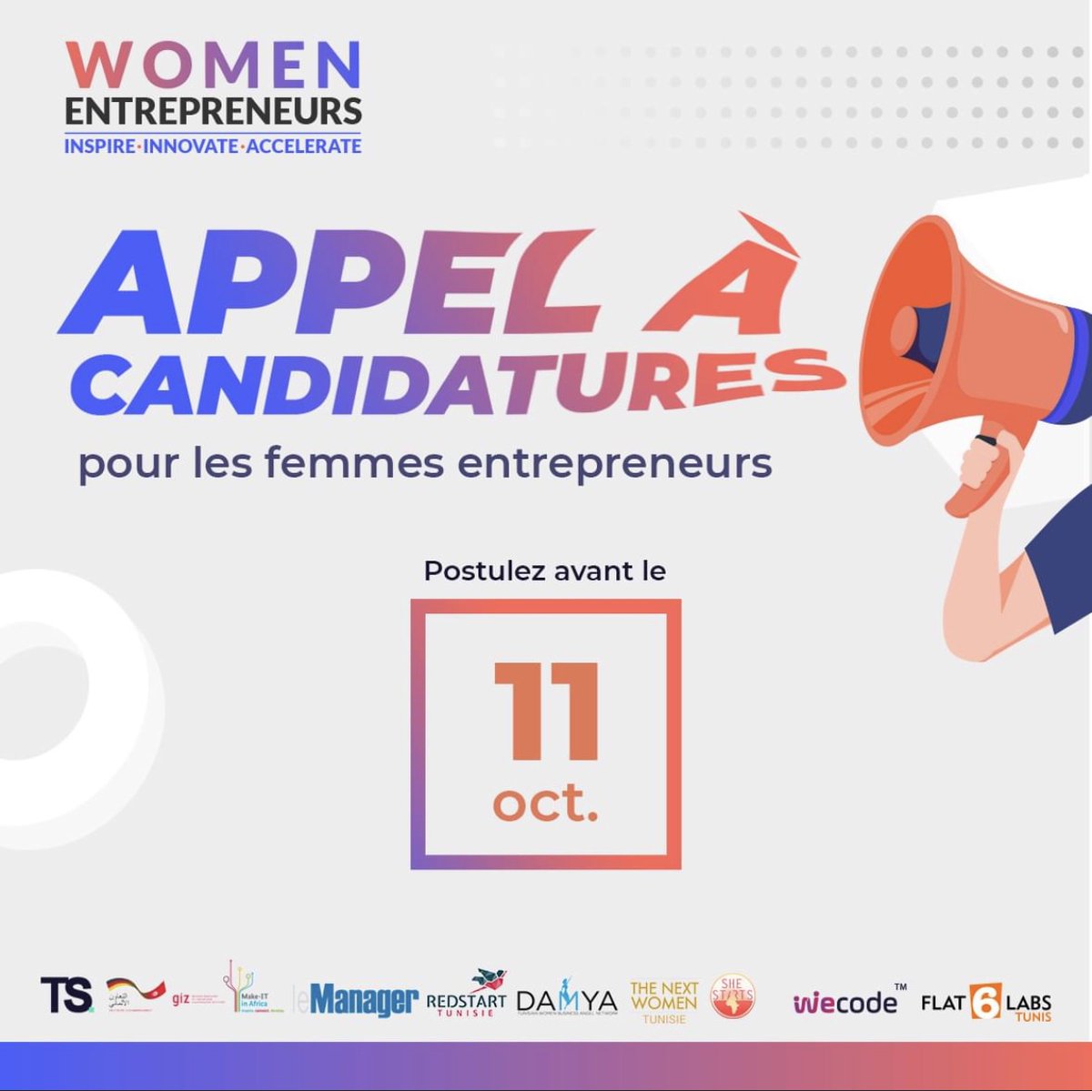 Level1H's tweet image. 📣Call for application opportunity📣
To all ambitious and determined women entrepreneurs out there here’s a great opportunity for you 🙅🏻‍♀️🦸🏻‍♀️👩🏽‍💼❗️

#LEVEL1HUB #TunisianStartups #innovation #women #entrepreneurs #womenentrepreneurs