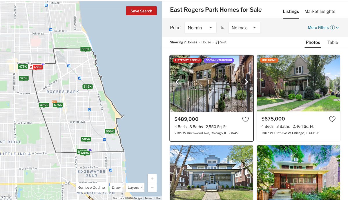 There& #39;s only *seven* single family homes for sale (of any price) in East Rogers Park. Obviously, the area is more known for denser multi-unit buildings, but it& #39;s just interesting to see and compare to the SFH inventory in Evanston and other nearby areas.