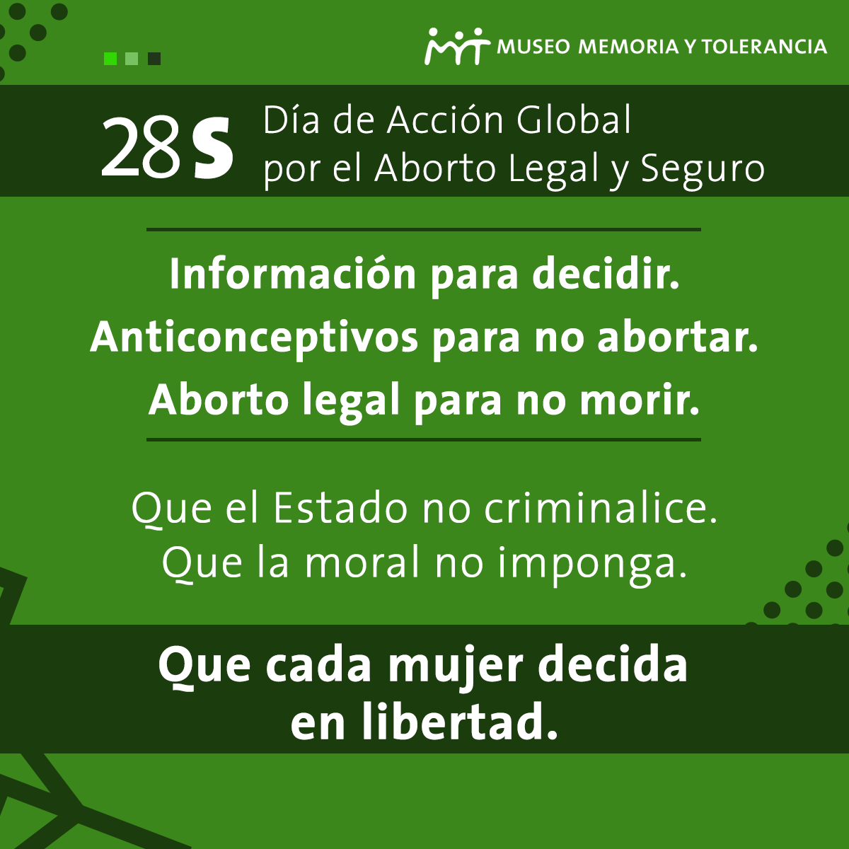 La prohibición del aborto es una imposición muy regresiva. Viola derechos reproductivos y generalmente va asociada a falta de impartición de educación sexual y anticonceptivos. Por eso toca a cada mujer decidir según sus propios valores y circunstancias.

#AbortoLegalYa